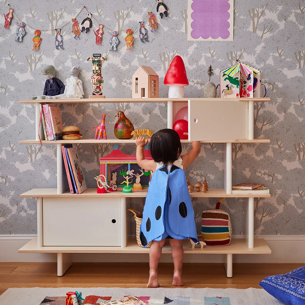 A child standing at a shelving unit